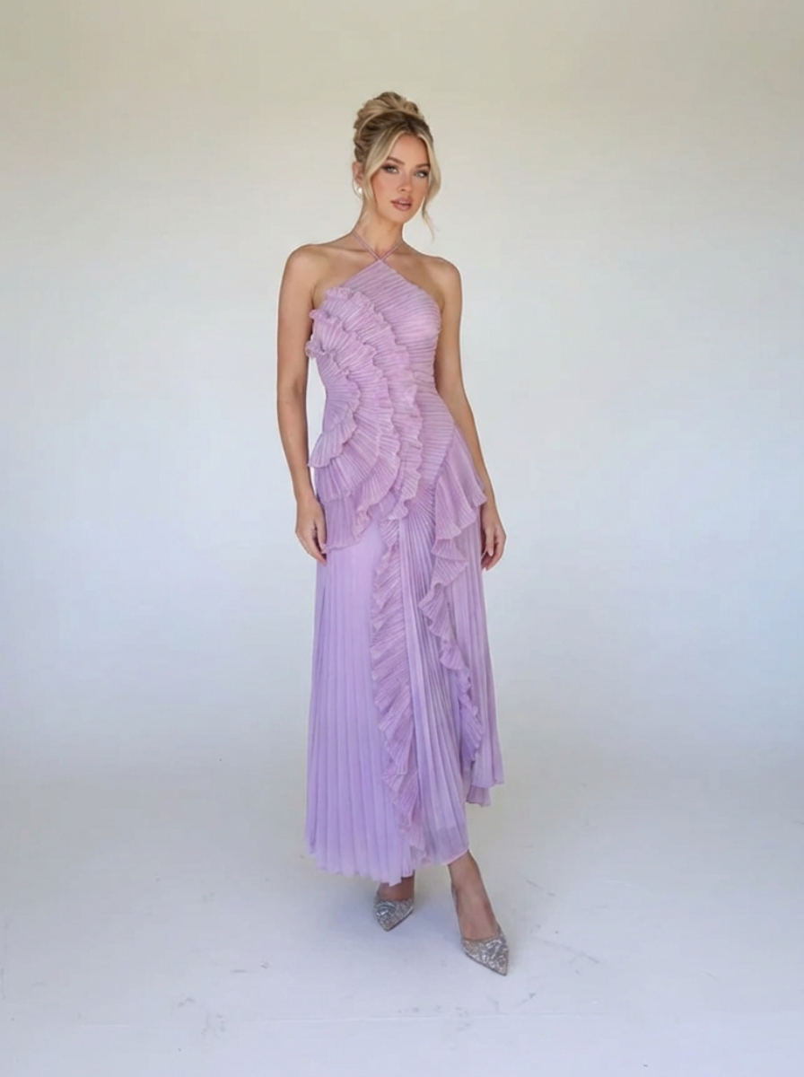 Pink Ruffle Pleated Maxi Dress Exclusive Romantic Evening Collection