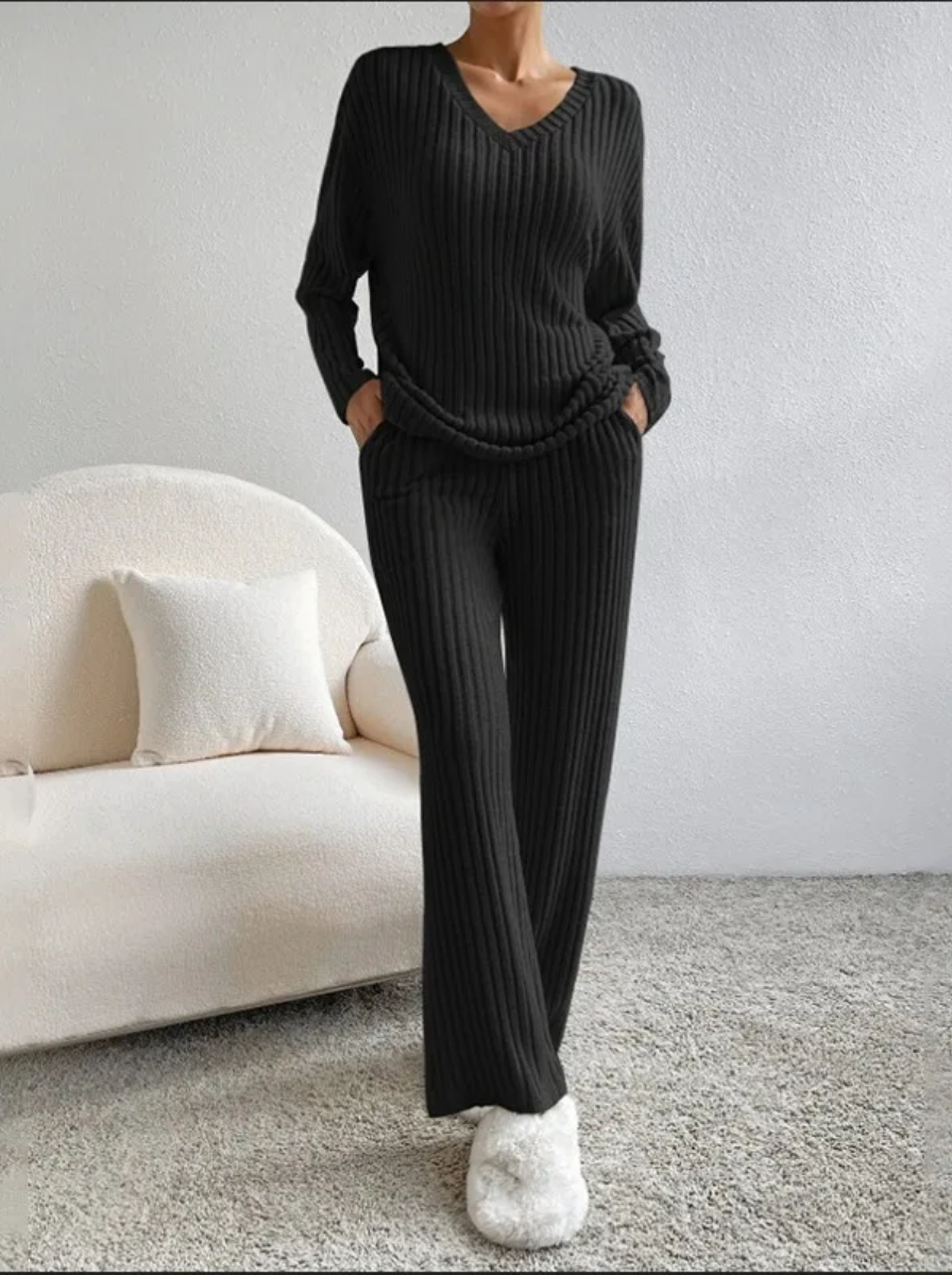 Ribbed Knit Lounge Set V Neck Top Wide Leg Pants Limited Edition