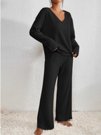 Ribbed Knit Lounge Set V Neck Top Wide Leg Pants Limited Edition