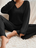 Ribbed Knit Lounge Set V Neck Top Wide Leg Pants Limited Edition