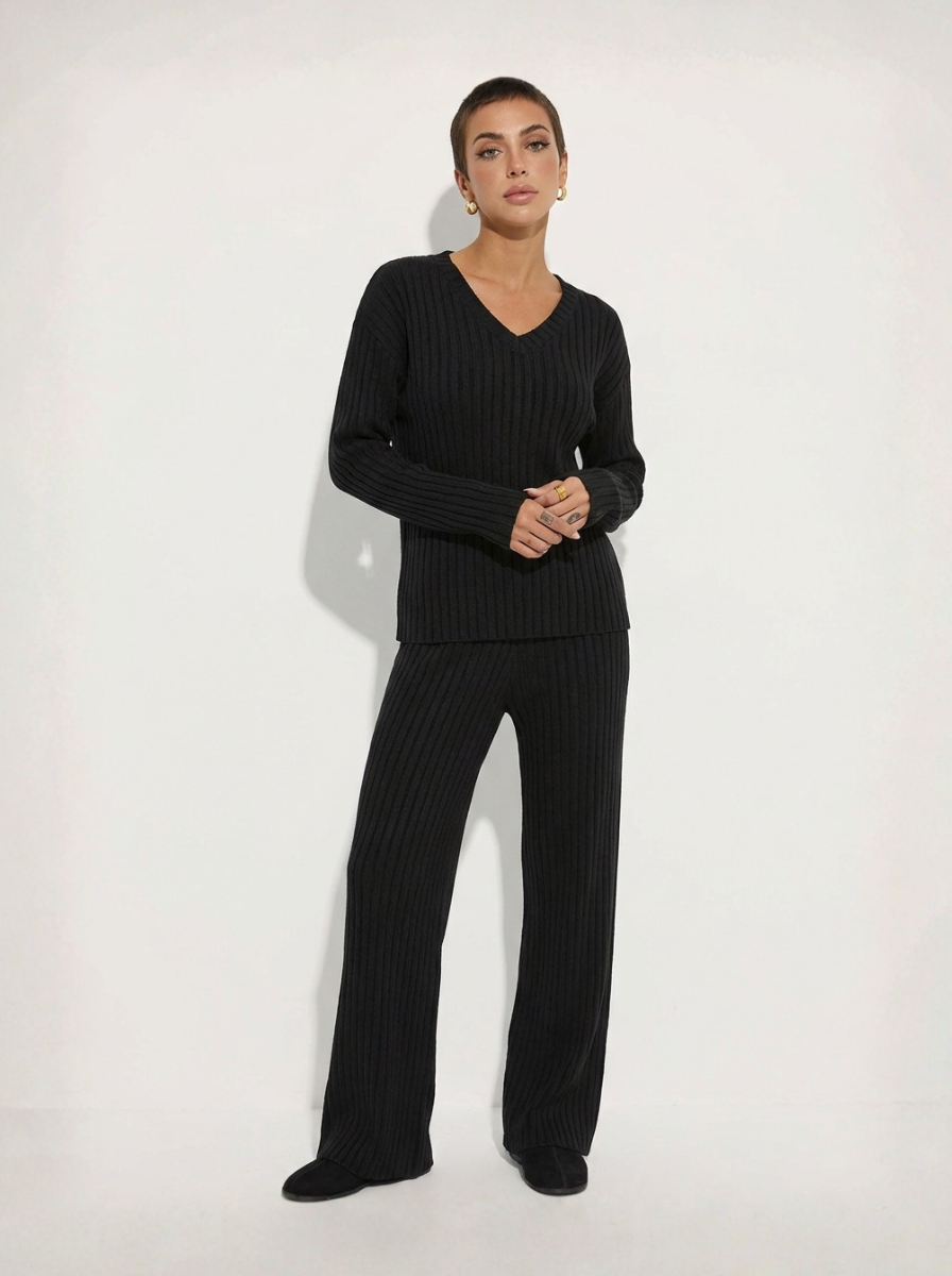 Ribbed Knit Lounge Set V Neck Top Wide Leg Pants Limited Edition