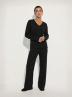 Ribbed Knit Lounge Set V Neck Top Wide Leg Pants Limited Edition