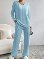 Ribbed Knit Lounge Set V Neck Top Wide Leg Pants Limited Edition