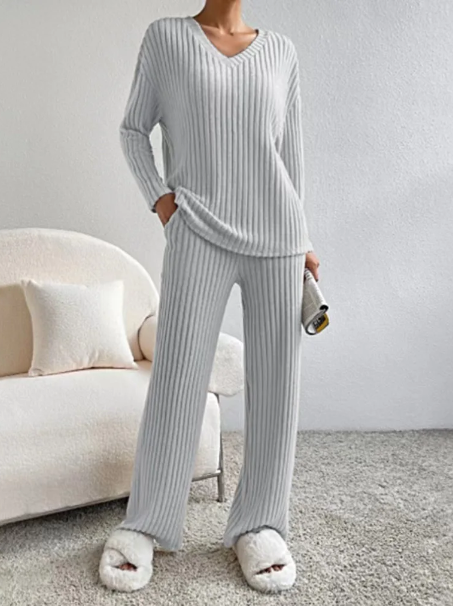 Ribbed Knit Lounge Set V Neck Top Wide Leg Pants Limited Edition