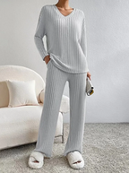 Ribbed Knit Lounge Set V Neck Top Wide Leg Pants Limited Edition