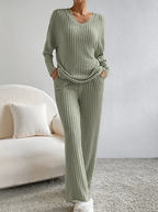 Ribbed Knit Lounge Set V Neck Top Wide Leg Pants Limited Edition