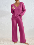 Ribbed Knit Lounge Set V Neck Top Wide Leg Pants Limited Edition