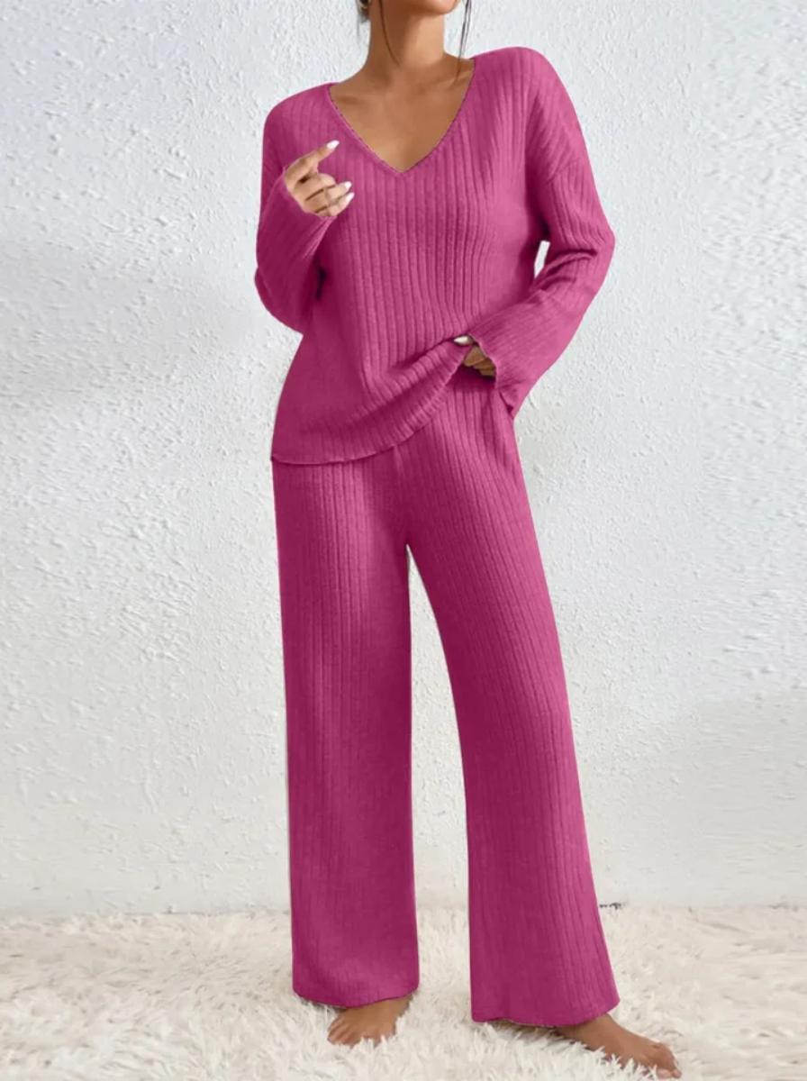 Ribbed Knit Lounge Set V Neck Top Wide Leg Pants Limited Edition