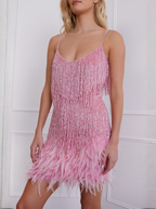 Feather Trim Beaded Fringe Mini Party Dress Timeless Limited Edition