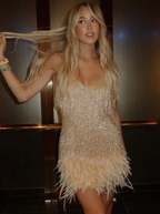 Feather Trim Beaded Fringe Mini Party Dress Timeless Limited Edition