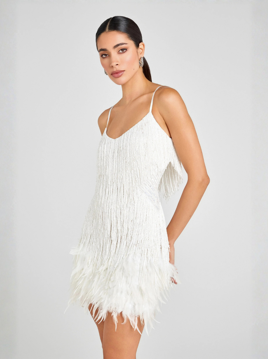 Feather Trim Beaded Fringe Mini Party Dress Timeless Limited Edition
