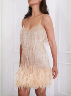 Feather Trim Beaded Fringe Mini Party Dress Timeless Limited Edition