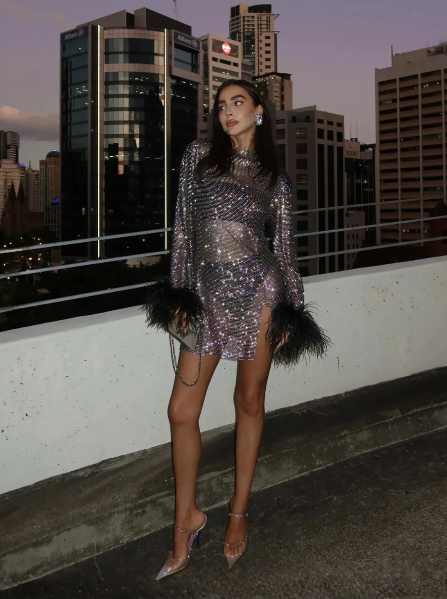 Crystal Embellished Feather Mini Dress From Glam Night Collection Exclusive