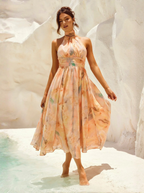 Chiffon Halter Neck Midi Dress Watercolour Collection Sage Peach Limited