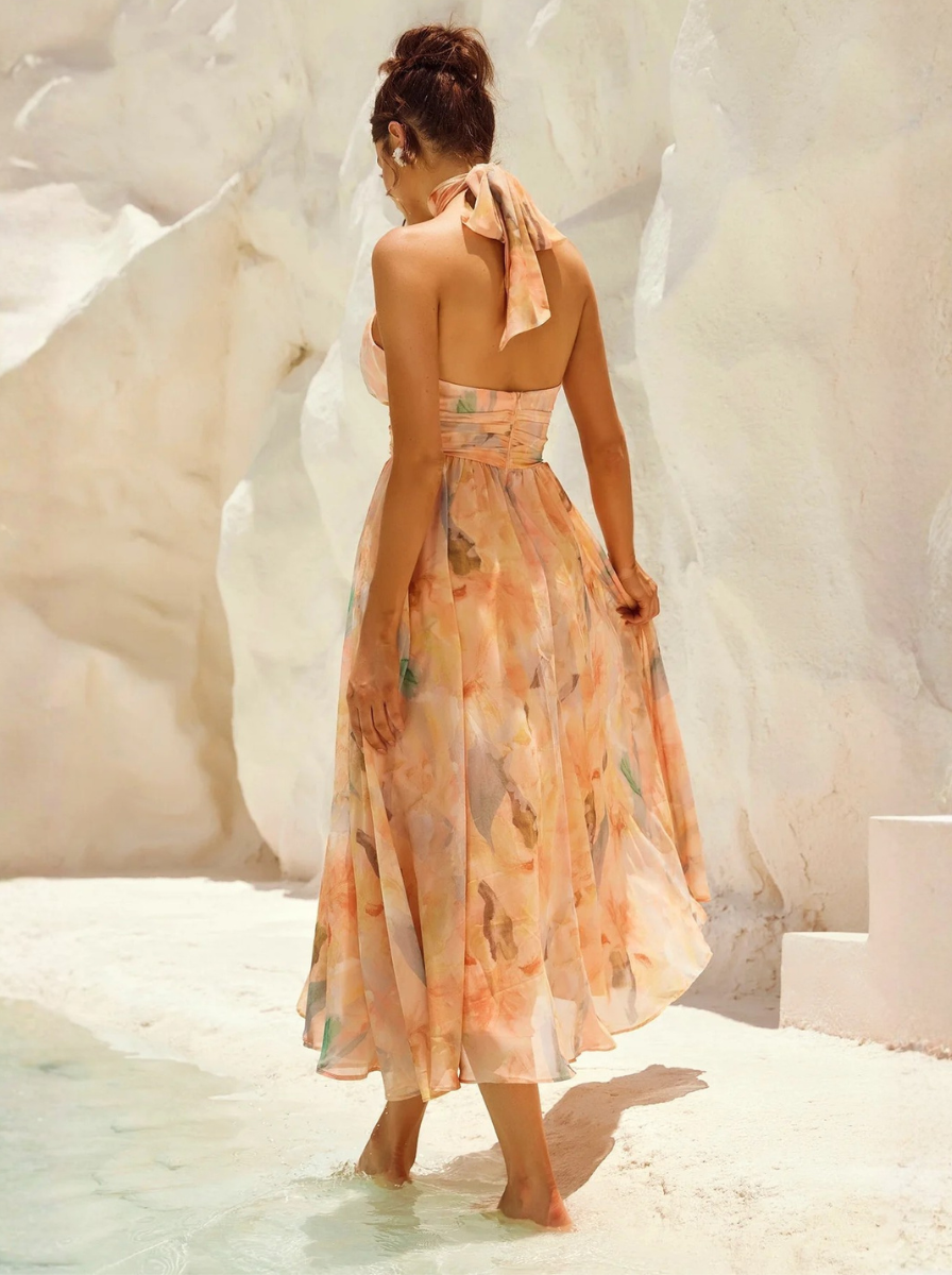 Chiffon Halter Neck Midi Dress Watercolour Collection Sage Peach Limited