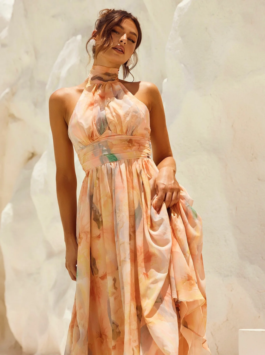 Chiffon Halter Neck Midi Dress Watercolour Collection Sage Peach Limited