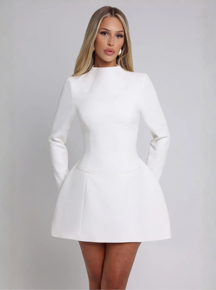 White High Neck Long Sleeve Mini Dress Couture Collection Premium