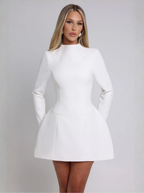 White High Neck Long Sleeve Mini Dress Couture Collection Premium