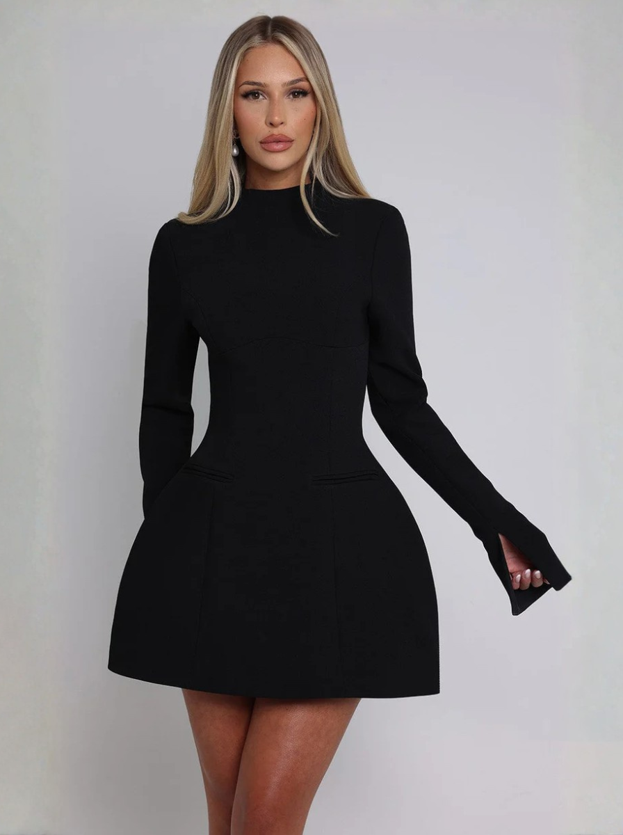 White High Neck Long Sleeve Mini Dress Couture Collection Premium
