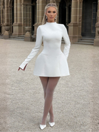 White High Neck Long Sleeve Mini Dress Couture Collection Premium