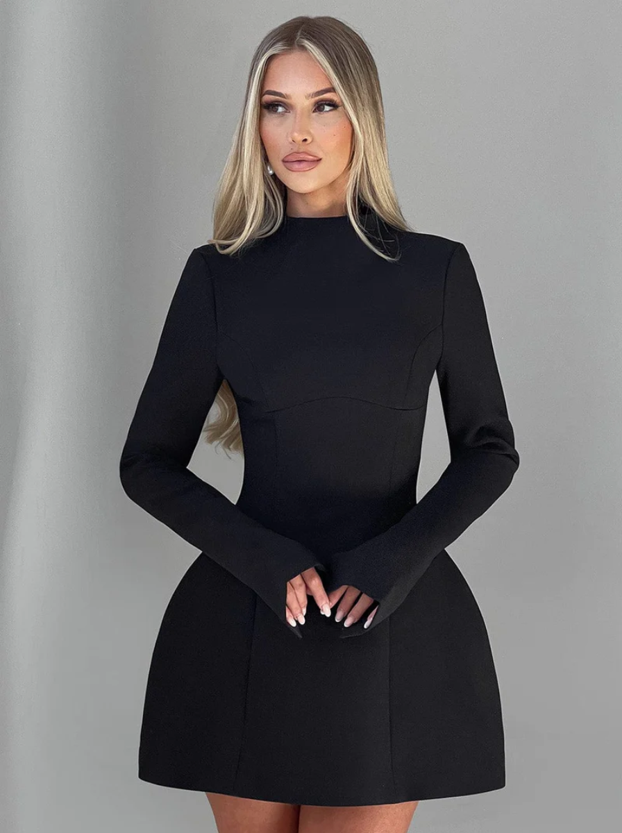 White High Neck Long Sleeve Mini Dress Couture Collection Premium