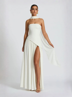 Ivory Strapless Maxi Dress With Lace Up Back And High Slit Exclusive