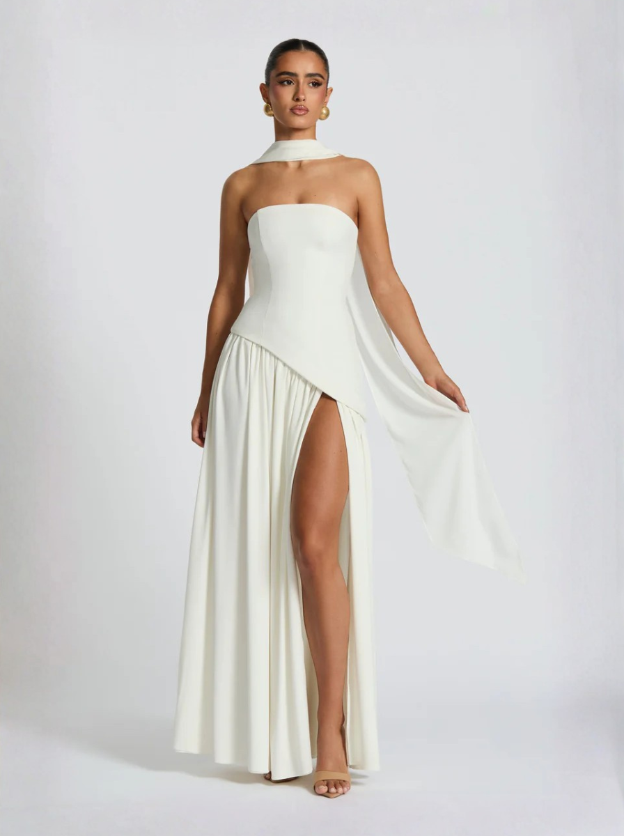 Ivory Strapless Maxi Dress With Lace Up Back And High Slit Exclusive
