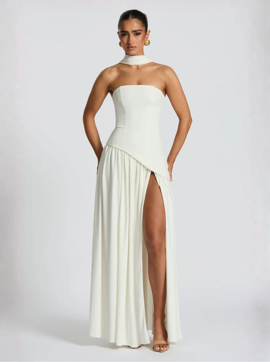 Ivory Strapless Maxi Dress With Lace Up Back And High Slit Exclusive