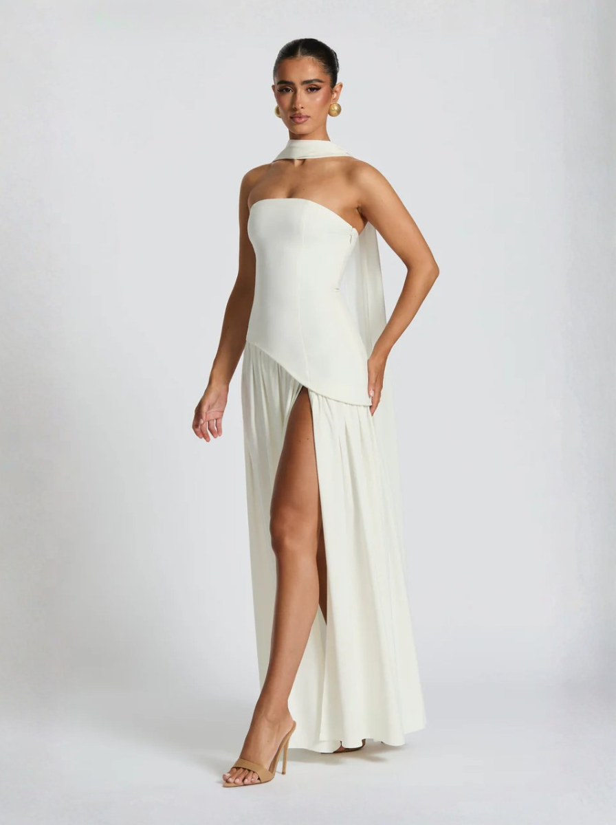 Ivory Strapless Maxi Dress With Lace Up Back And High Slit Exclusive
