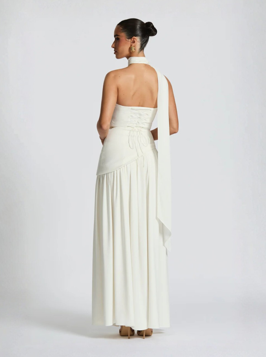 Ivory Strapless Maxi Dress With Lace Up Back And High Slit Exclusive