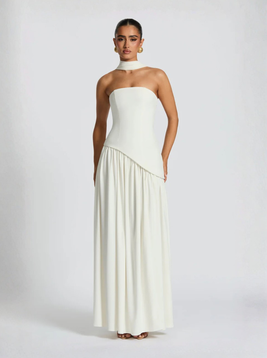 Ivory Strapless Maxi Dress With Lace Up Back And High Slit Exclusive