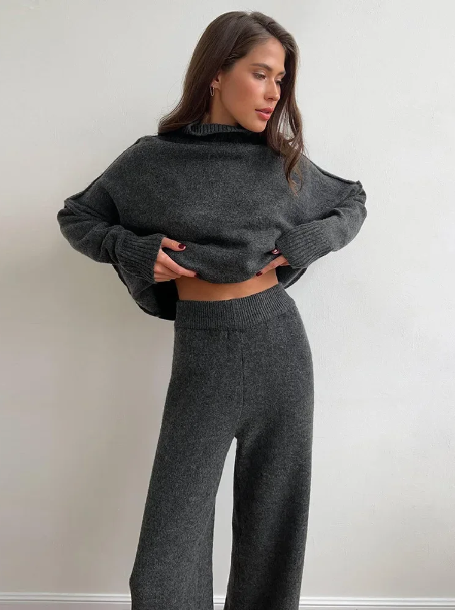 Lux Knit Set For Women Signature Turtleneck Sweater And Wide Leg Pants