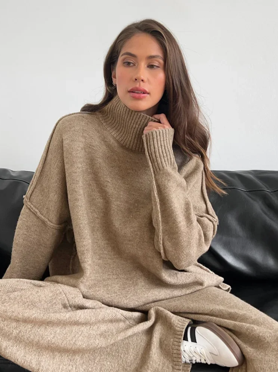 Lux Knit Set For Women Signature Turtleneck Sweater And Wide Leg Pants