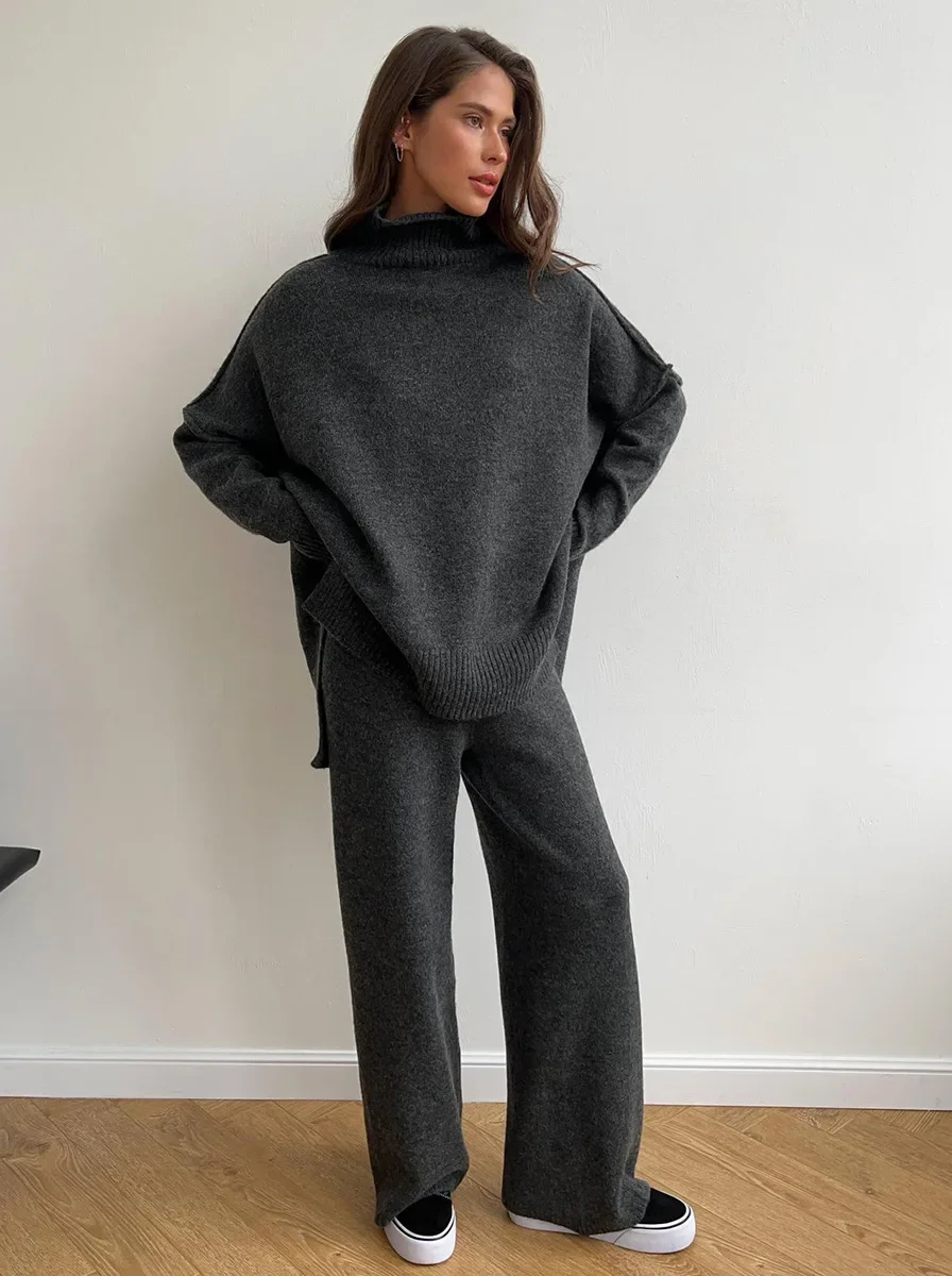 Lux Knit Set For Women Signature Turtleneck Sweater And Wide Leg Pants