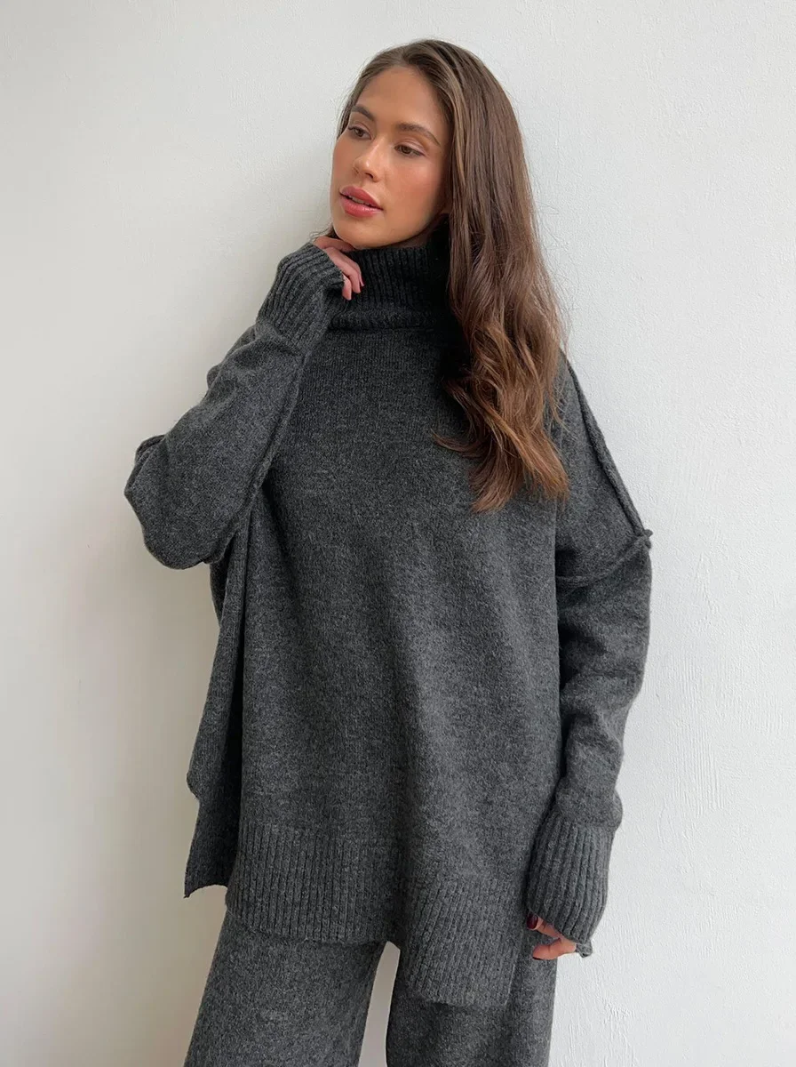 Lux Knit Set For Women Signature Turtleneck Sweater And Wide Leg Pants
