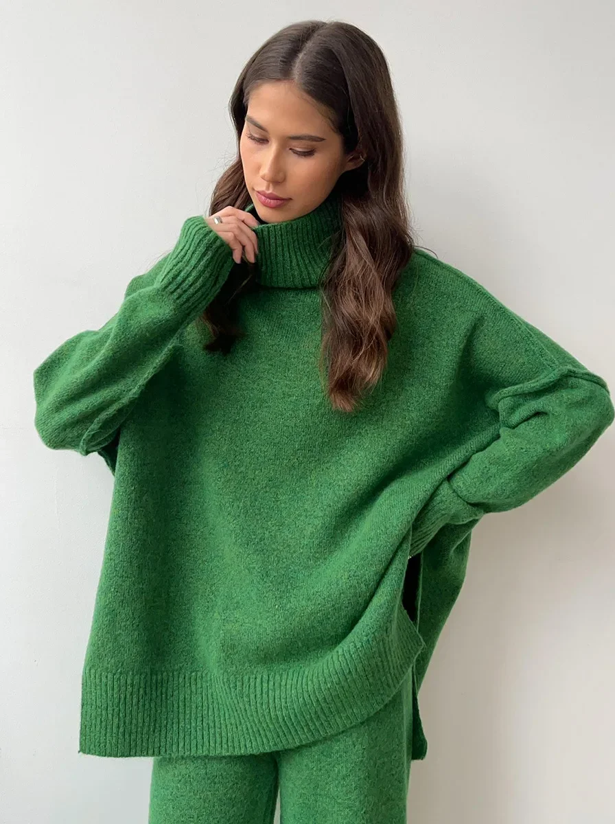Lux Knit Set For Women Signature Turtleneck Sweater And Wide Leg Pants