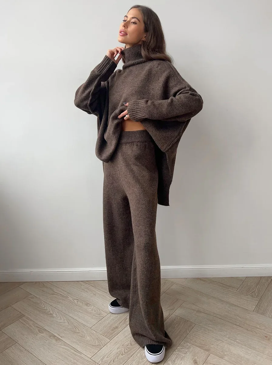 Lux Knit Set For Women Signature Turtleneck Sweater And Wide Leg Pants
