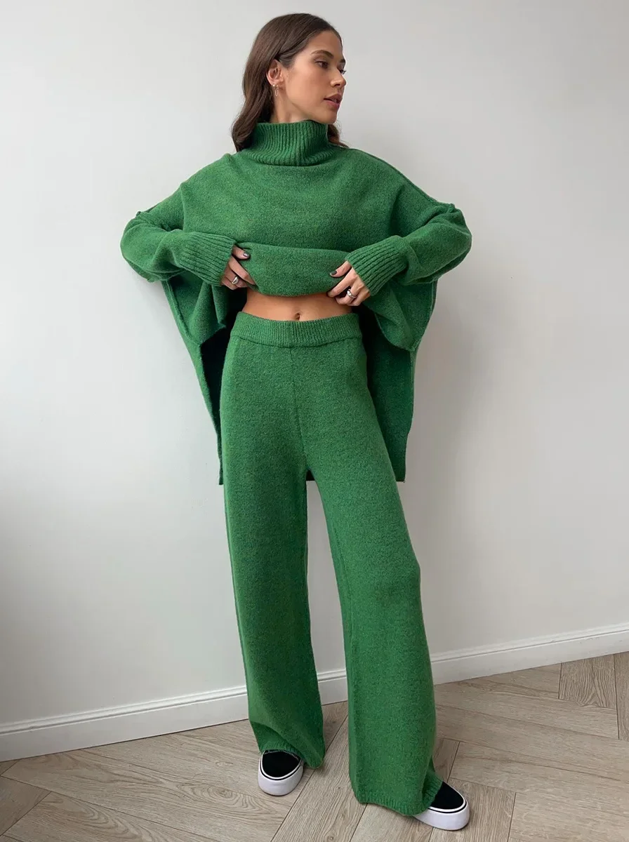 Lux Knit Set For Women Signature Turtleneck Sweater And Wide Leg Pants