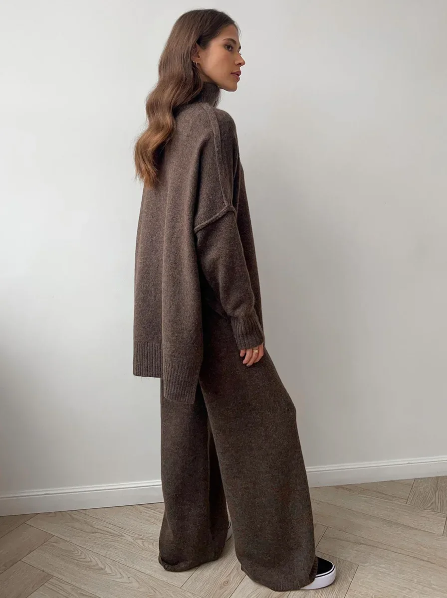 Lux Knit Set For Women Signature Turtleneck Sweater And Wide Leg Pants