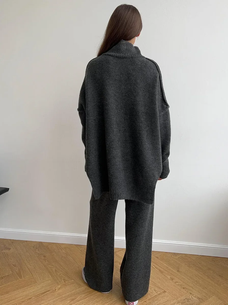 Lux Knit Set For Women Signature Turtleneck Sweater And Wide Leg Pants