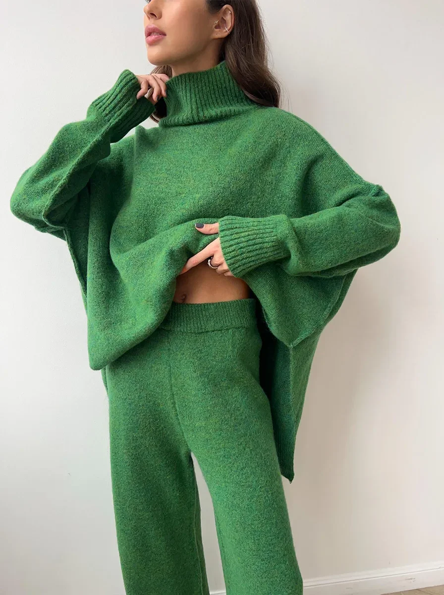 Lux Knit Set For Women Signature Turtleneck Sweater And Wide Leg Pants