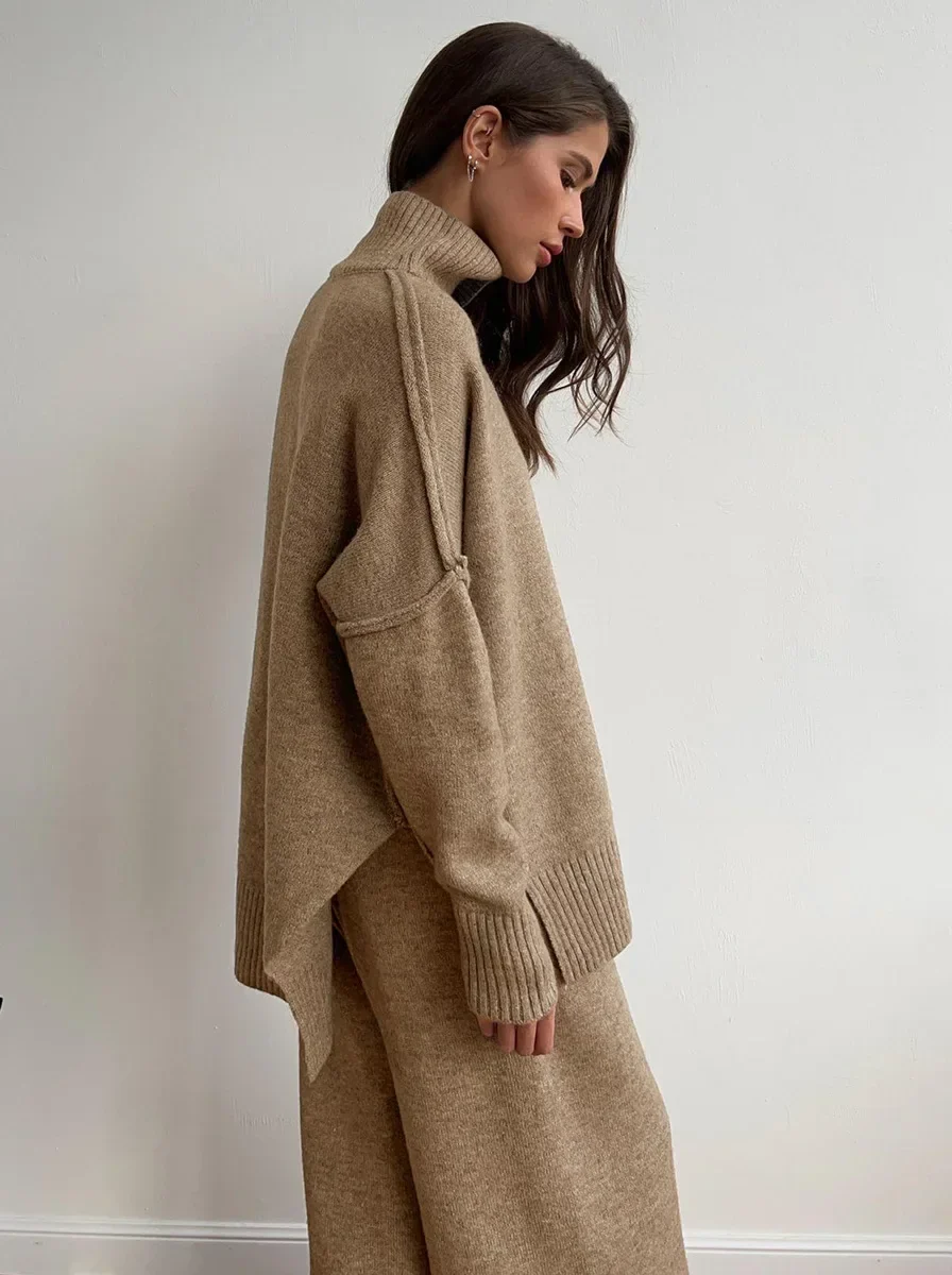 Lux Knit Set For Women Signature Turtleneck Sweater And Wide Leg Pants