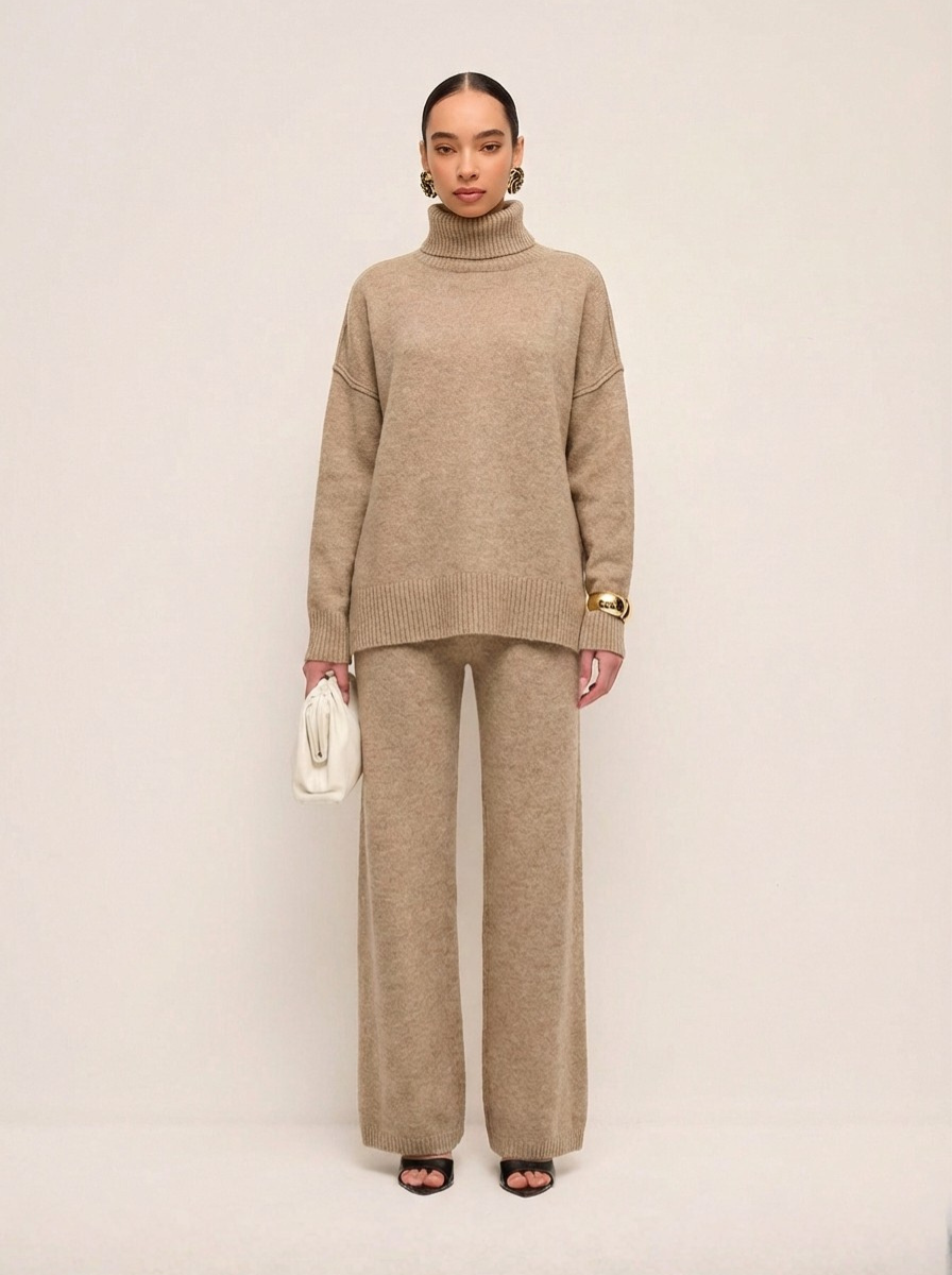 Lux Knit Set For Women Signature Turtleneck Sweater And Wide Leg Pants
