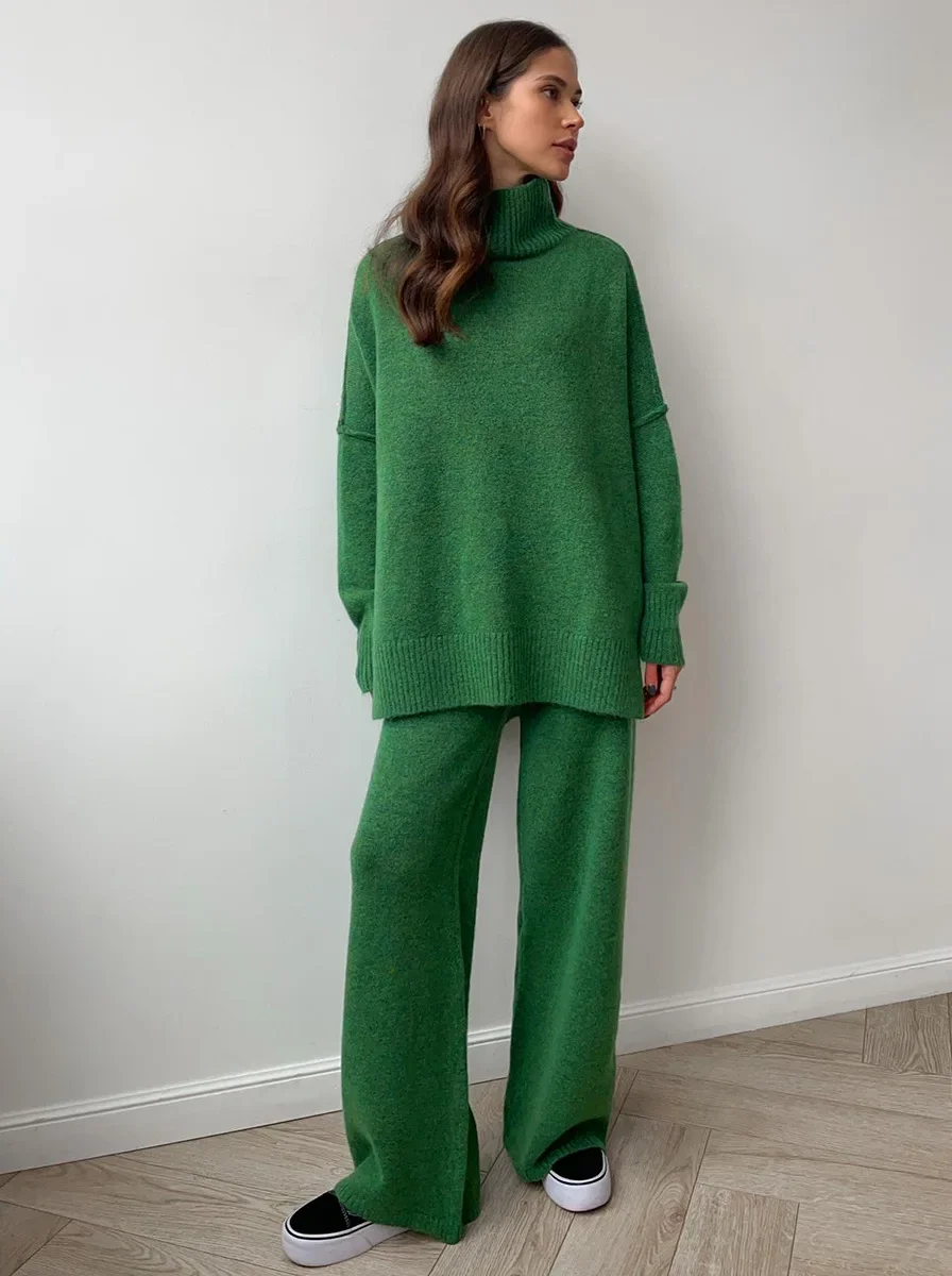 Lux Knit Set For Women Signature Turtleneck Sweater And Wide Leg Pants