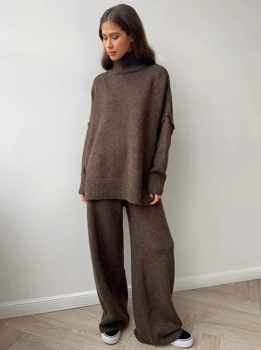 Lux Knit Set For Women Signature Turtleneck Sweater And Wide Leg Pants