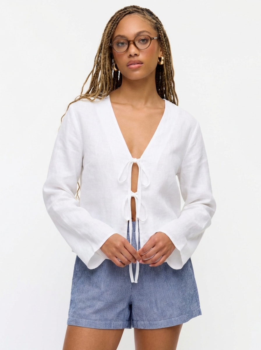 Linen Front Tie Blouse Long Sleeve Luxury Collection Limited