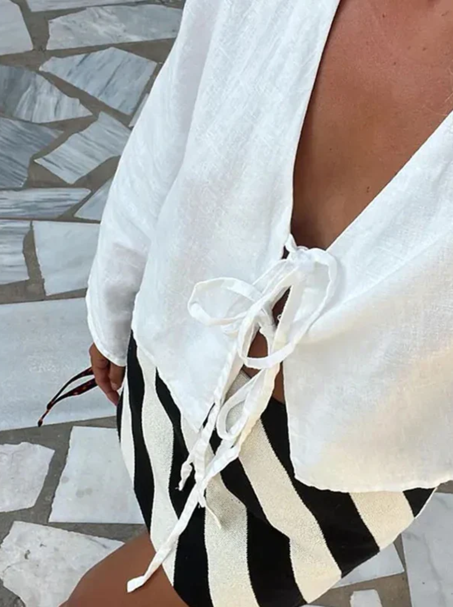 Linen Front Tie Blouse Long Sleeve Luxury Collection Limited