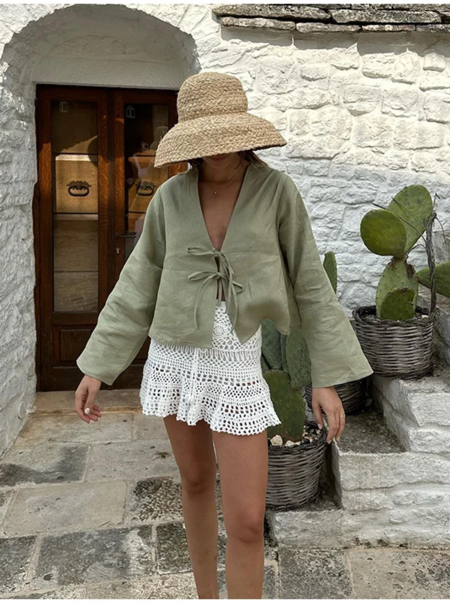 Linen Front Tie Blouse Long Sleeve Luxury Collection Limited