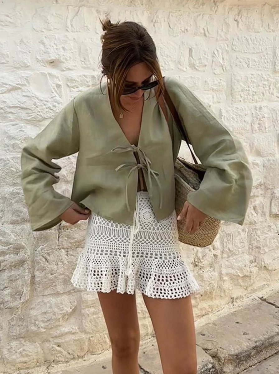 Linen Front Tie Blouse Long Sleeve Luxury Collection Limited
