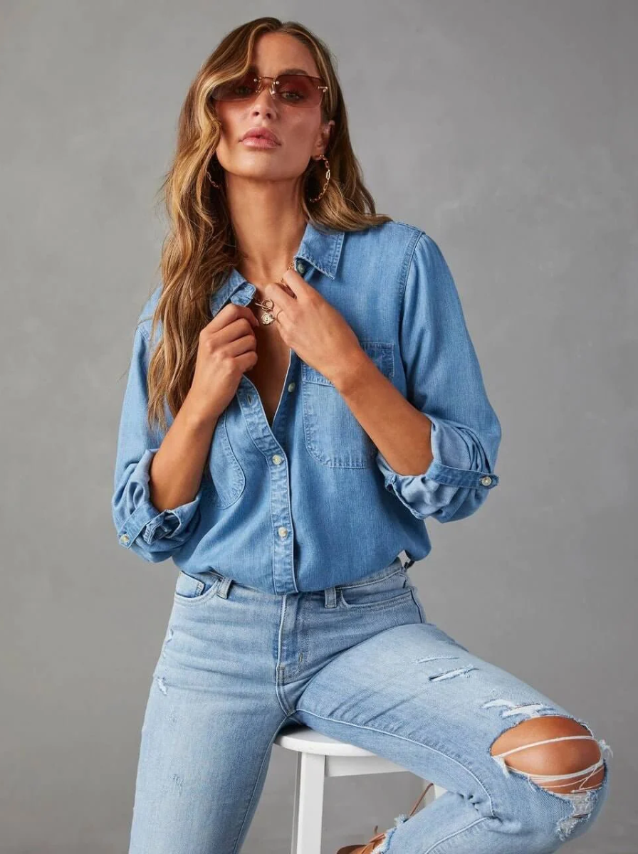 Chambray Denim Oversized Button Up Shirt Luxury Collection Exclusive